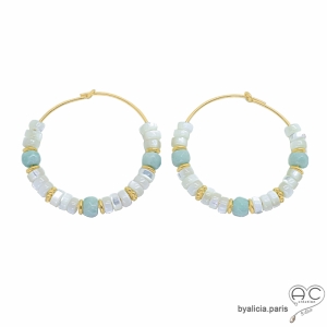 Créoles nacre et amazonite, plaqué or, boucles d'oreilles, fait mai, création by Alicia