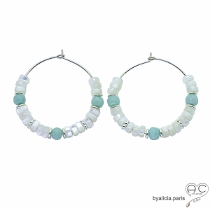 Créoles nacre et amazonite, argent massif, boucles d'oreilles, fait mai, création by Alicia
