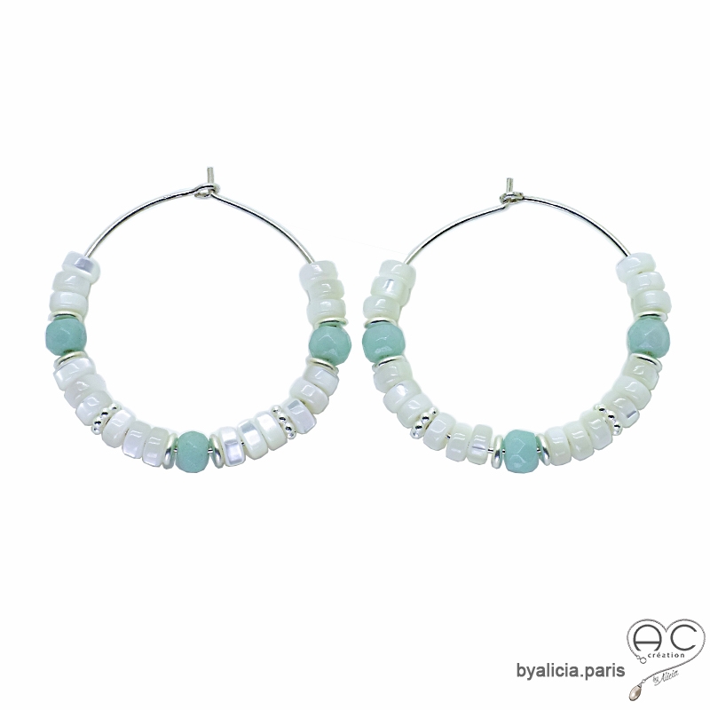 Créoles nacre et amazonite, argent massif, boucles d'oreilles, fait mai, création by Alicia Créoles nacre et amazonite, argent massif, boucles d'oreilles, fait mai, création by Alicia