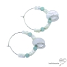 créoles en argent massif avec nacre blanche et amazonite, pampille médaille, boucles d'oreilles femme