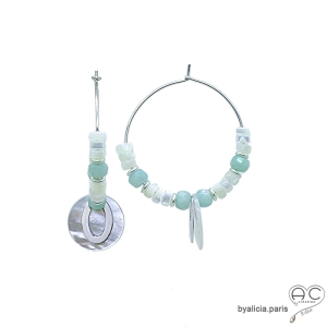 Créoles nacre et amazonite,  pampille nacre et médaille en argent massif, fait mai, création by Alicia