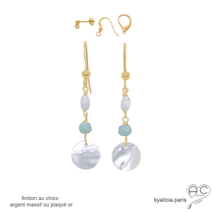 Boucles d'oreilles longues nacre et amazonite, fait main, création by Alicia