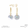 Boucles d'oreilles blanches femme plaqué or ou argent avec nacre ronde et amazonite