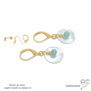boucles d'oreilles blanches rondes pendentes en nacre et amazonite