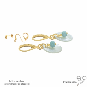 boucles d'oreilles en argent ou plaqué or avec nacre blanche ronde et petite amazonite