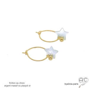 Petites créoles en plaqué or ou en argent avec étoile en nacre blanche, fait main, création by Alicia