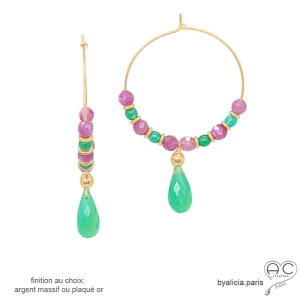 Créoles tourmaline rose et pampille en chrysoprase, pierres semi-précieuses, fait main, création by Alicia