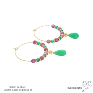 boucles d'oreilles créoles avec pierres semi-précieuses chrysoprase verte tourmaline rose