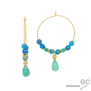 créoles plaqué or avec pierres naturelles verte et bleue boucles d'oreilles femme fait main