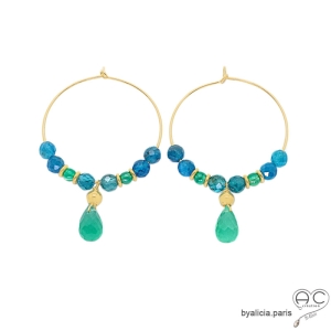 créoles plaqué or avec pierres naturelles apatite bleue et agate verte, boucles d'oreilles femme fait main