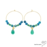 créoles plaqué or avec pierres naturelles apatite bleue et agate verte, boucles d'oreilles femme fait main