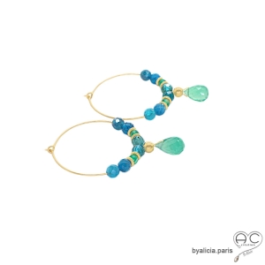 Créoles apatite et pampille en agate verte, plaqué or, pierre fine, fait main, boucles d'oreilles, création by Alicia