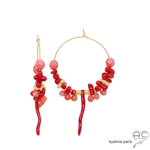 créoles plaqué or avec corail véritable et racine de corail, boucles d'oreilles rouges femme