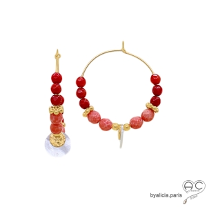 Créoles racine de corail,  pampille nacre et médaille, plaqué or, boucles d'oreilles, fait main, création by Alicia