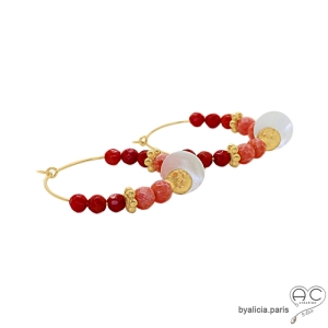 créoles plaqué or avec corail rouge boucles d'oreilles rouges femme réalisées à la main en France