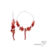 créoles en argent massif 925 avec corail véritable, racine de corail, pampilles, boucles d'oreilles femme