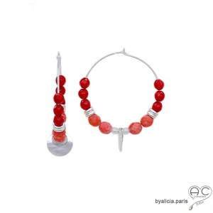 Créoles racine de corail,  pampille nacre et médaille en argent, fait main, création by Alicia