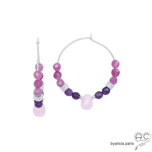 créoles en argent massif 925 avec tourmaline rose et améthyste, boucles d'oreilles