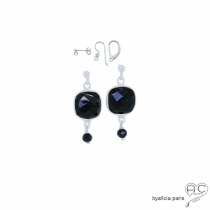 Boucles d'oreilles onyx  et spinelle noir, pierres semi-précieuses et argent 925, pendantes, création by Alicia