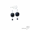 Boucles d'oreilles onyx  et spinelle noir, pierres semi-précieuses et argent 925, pendantes, création by Alicia