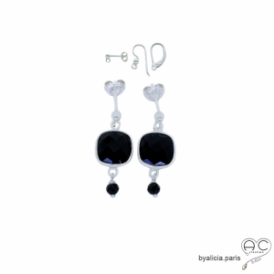 boucles d'oreilles pendantes noires femme en argent massif et onyx noire réalisées à la main