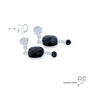 boucles d'oreilles noires femme en argent 925 et pierre naturelle agate noire fait sur mesure à la main en France