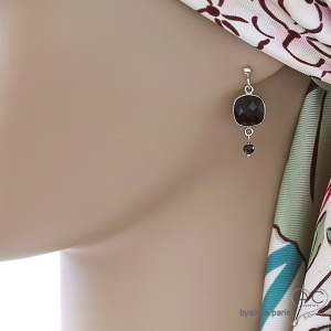boucles d'oreilles en argent massif 925 avec pierres semi-précieuses onyx et spinelle noire, boucles femme pendante