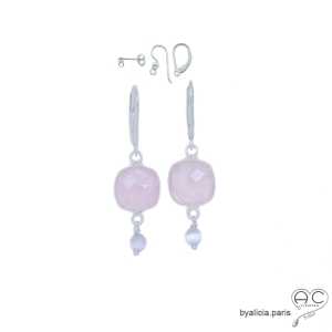 boucles d'oreilles quartz rose et argent massif,  boucles femme pendante en pierre semi-précieuse