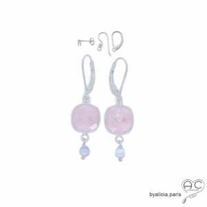 boucles d'oreilles roses femme en argent 925 et quartz rose fait main sur mesure en France