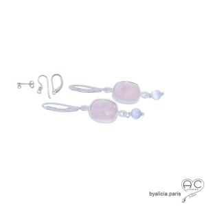 boucles d'oreilles pendantes en argent et pierre naturelle quartz rose