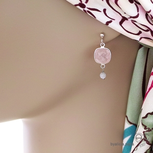 Boucles d'oreilles avec quartz rose et oeil de chat gris, pierres semi-précieuses et argent 925, pendante, création by Alicia