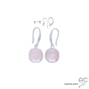boucles d'oreilles pierre semi-précieuse quartz rose et argent massif 925, boucles femme pendante fait main