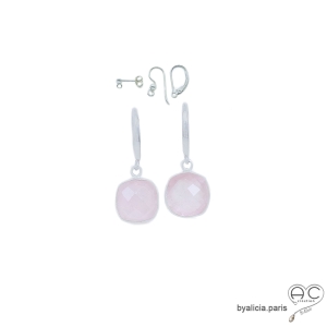 boucles d'oreilles en argent et quartz rose carrées pendantes