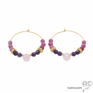 boucles d'oreilles roses femme créoles en plaqué or avec pierres naturelles réalisées à la main