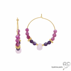 créoles en plaqué or avec tourmaline rose et améthyste boucles d'oreilles femme en pierres naturelles