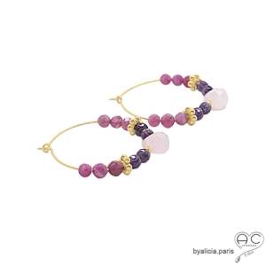créoles roses en plaqué or avec  pierres tourmaline et améthyste fait sur mesure à la main en France