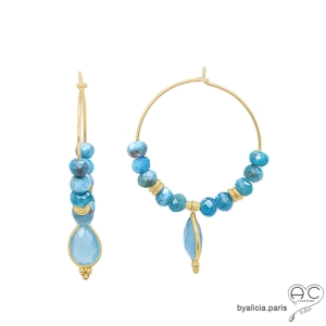 Créoles apatite et pampille en calcédoine bleu, plaqué or, pierre fine, boucles d'oreilles, fait main, création by Alicia