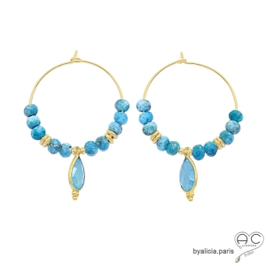 créoles bleues en plaqué or et pierres semi-précieuses apatite et calcédoine réalisées à la main