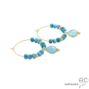 boucles d'oreilles créoles bleues en plaqué or et apatite fait main en France