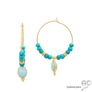 créoles en plaqué or avec turquoise reconstituée et pampille amazonite, boucles d'oreilles femme