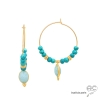 créoles en plaqué or avec turquoise reconstituée et pampille amazonite, boucles d'oreilles femme