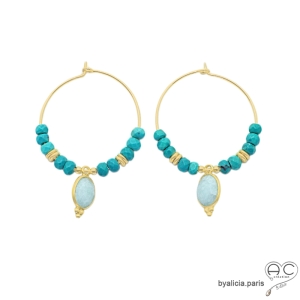 boucles d'oreilles turquoise créoles en plaqué or avec pierres naturelles fait sur mesure