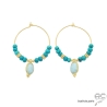 boucles d'oreilles turquoise créoles en plaqué or avec pierres naturelles fait sur mesure