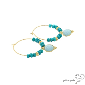 grandes créoles en turquoise et plaqué or boucles d'oreilles turquoise femme
