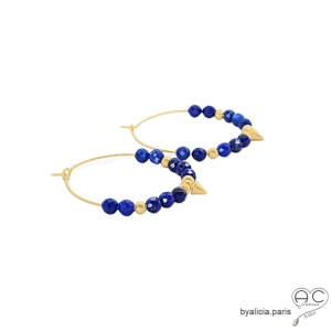 boucles d'oreilles créoles en pierre lapis-lazuli et plaqué or fait main sur mesure
