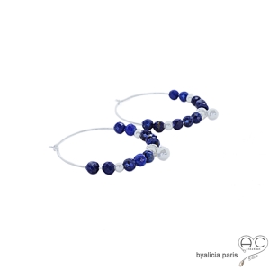 boucles d'oreilles grandes créoles en argent massif et pierre bleue lapis-lazuli réalisées à la main