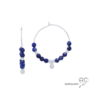 Créoles lapis lazuli et pampille boule en argent 925, boucles d'oreilles, pierre fine, fait main, création by Alicia