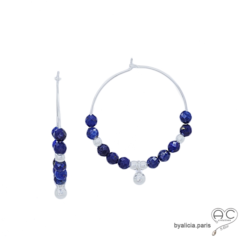 Créoles lapis lazuli et pampille boule en argent 925, boucles d'oreilles, pierre fine, fait main, création by Alicia Créoles lapis lazuli et pampille boule en argent 925, boucles d'oreilles, pierre fine, fait main, création by Alicia