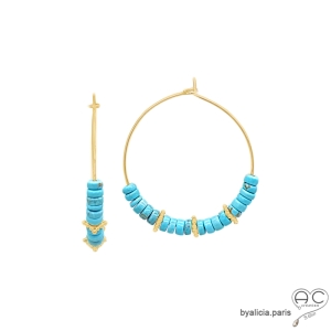 créoles en plaqué or et turquoise reconstituée, boucles d'oreilles tendance femme