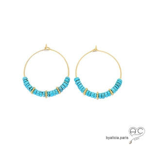grandes créoles turquoise et plaqué or, boucles d'oreilles fait main